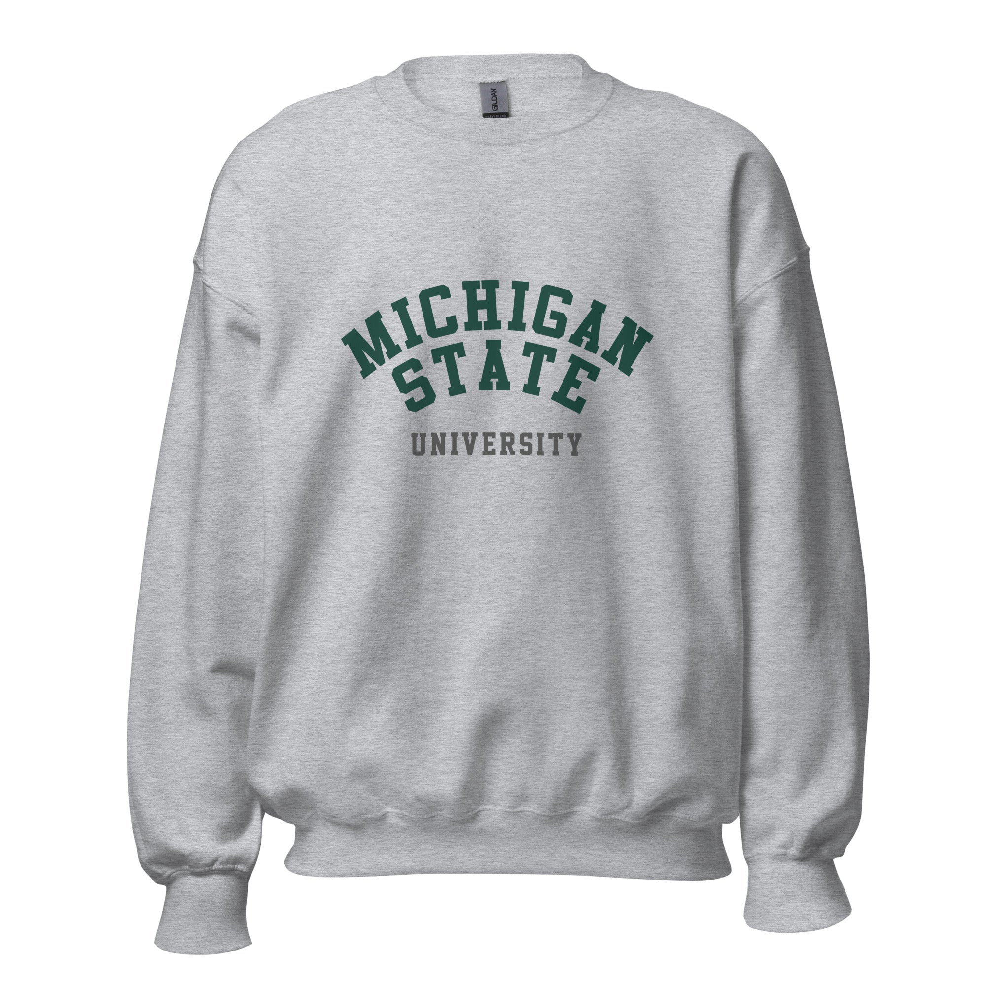 Unisex sweatshirt featuring Michigan State University name and branding in green and white