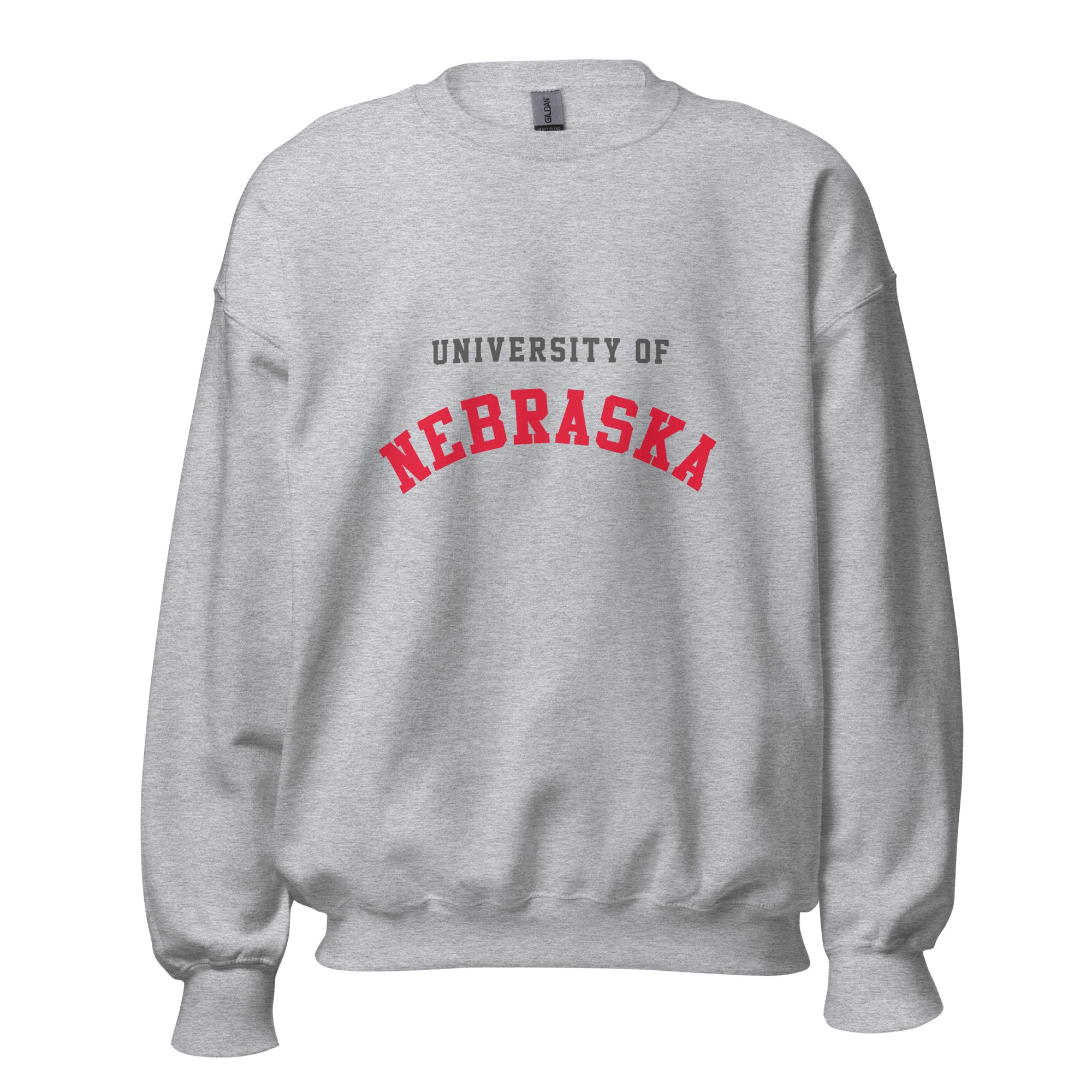 Unisex sweatshirt featuring University of Nebraska name and branding in scarlet and cream