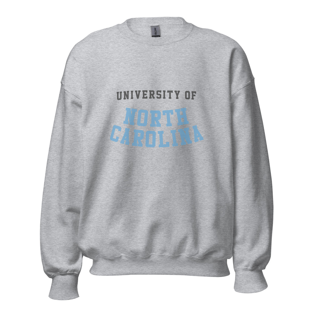 Unisex sweatshirt featuring University of North Carolina name and branding in Carolina blue and white