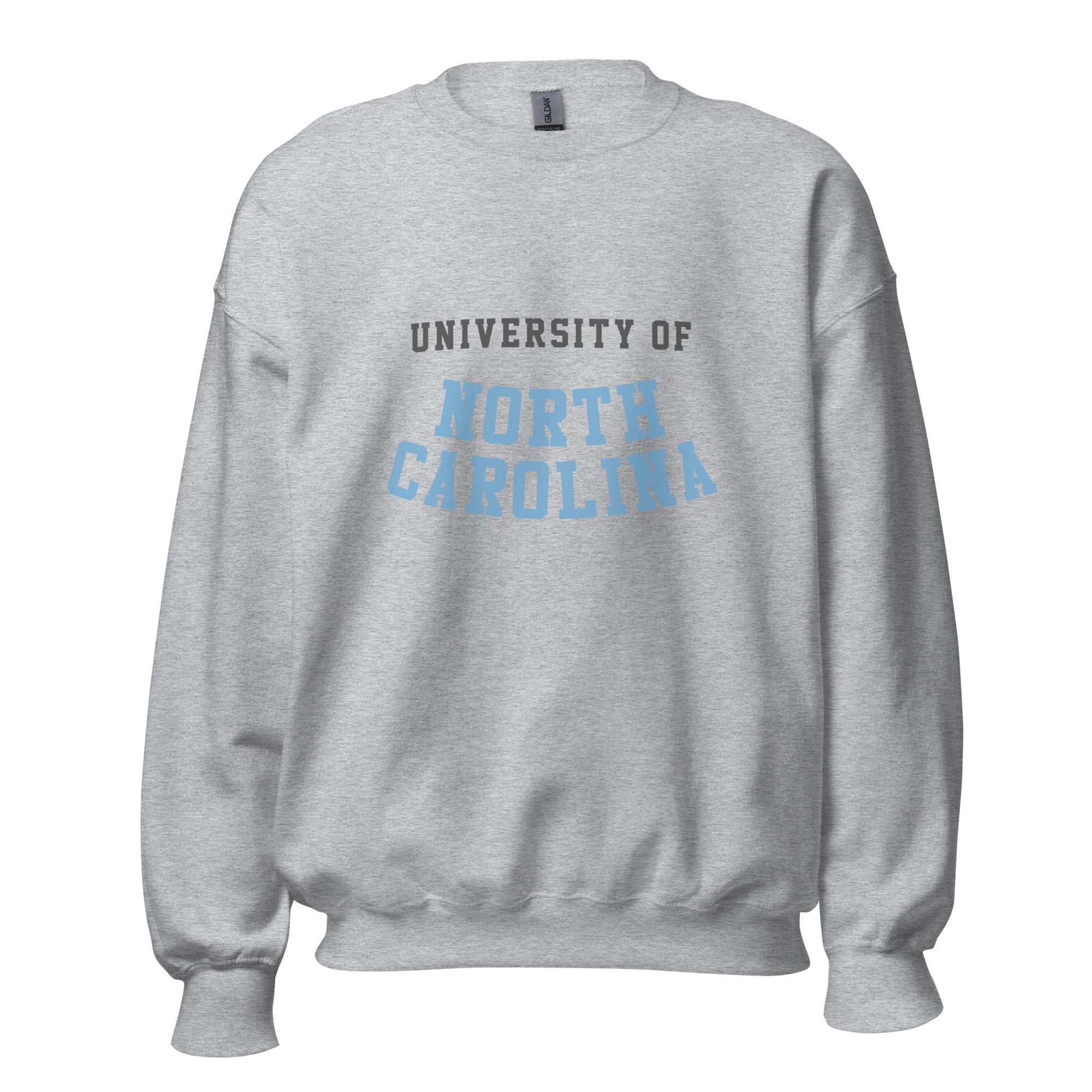 Unisex sweatshirt featuring University of North Carolina name and branding in Carolina blue and white