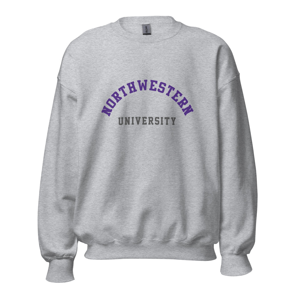 Unisex sweatshirt featuring Northwestern University name and branding in purple and white