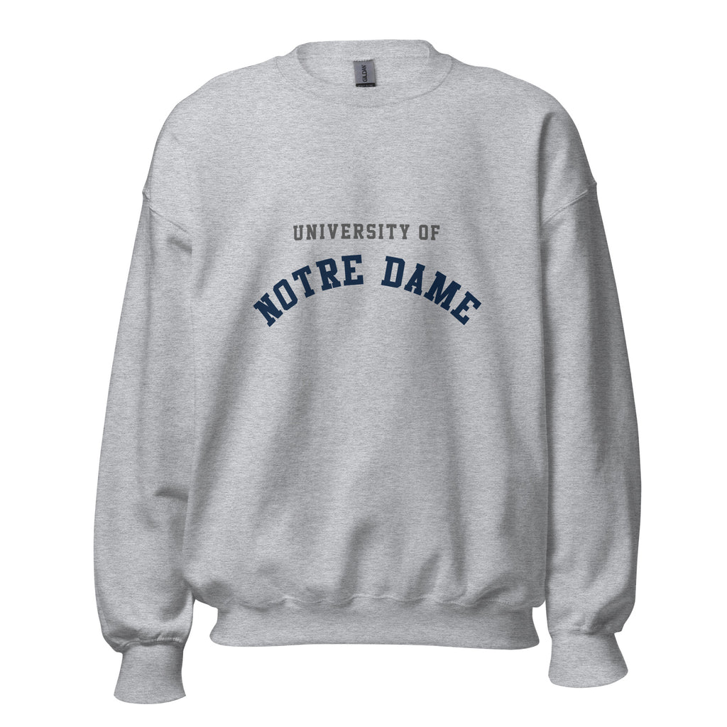Unisex sweatshirt featuring University of Notre Dame name and branding in navy and gold