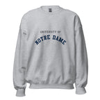 Unisex sweatshirt featuring University of Notre Dame name and branding in navy and gold