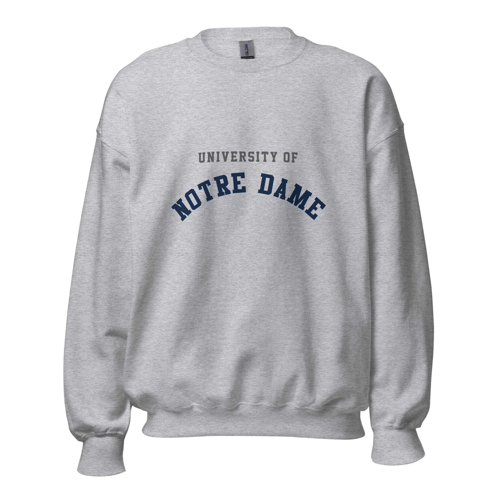Unisex sweatshirt featuring University of Notre Dame name and branding in navy and gold