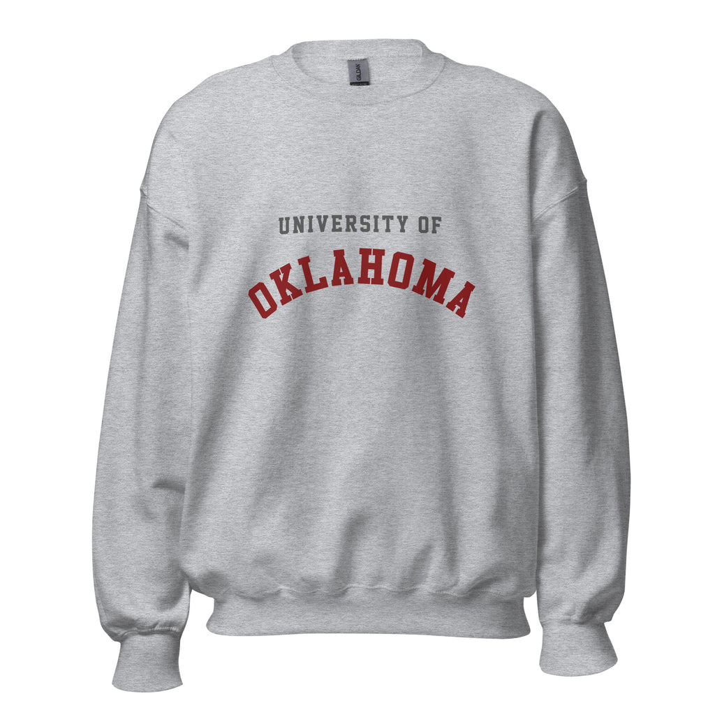 Unisex sweatshirt featuring University of Oklahoma name and branding in crimson and cream