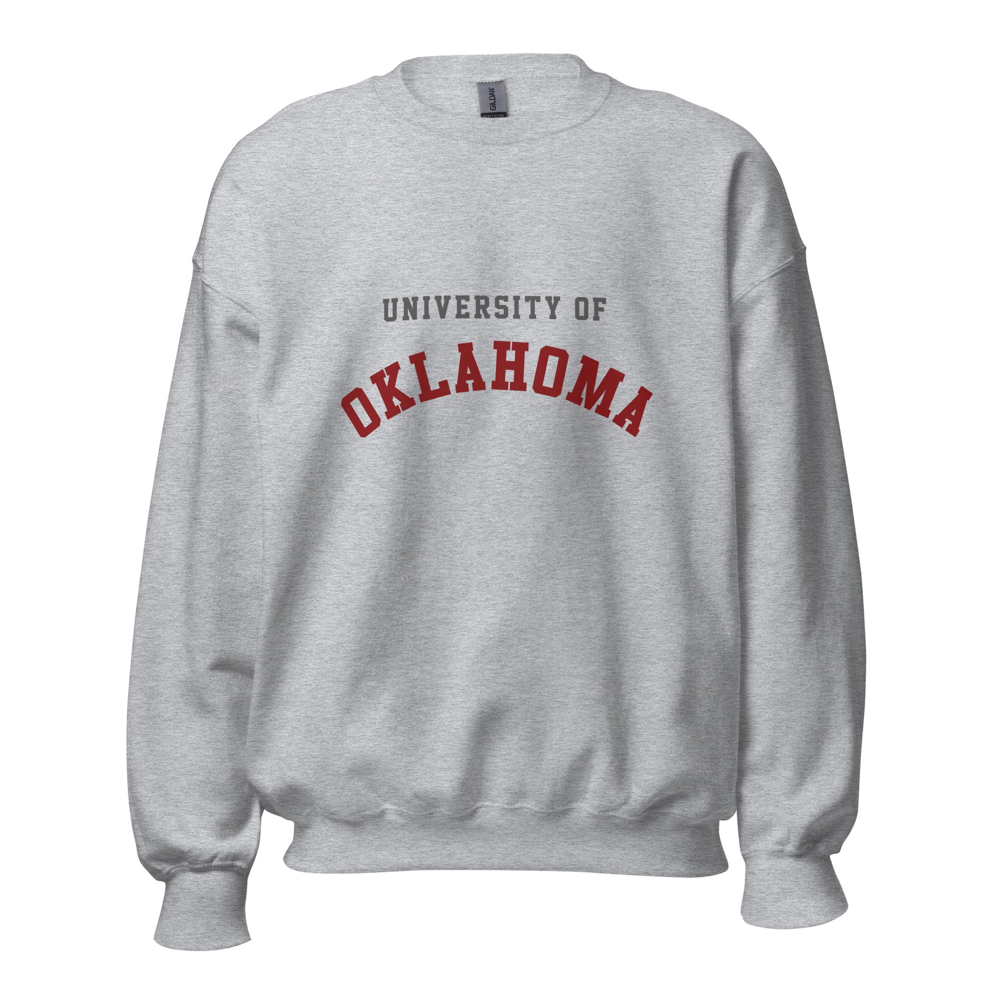 Unisex sweatshirt featuring University of Oklahoma name and branding in crimson and cream