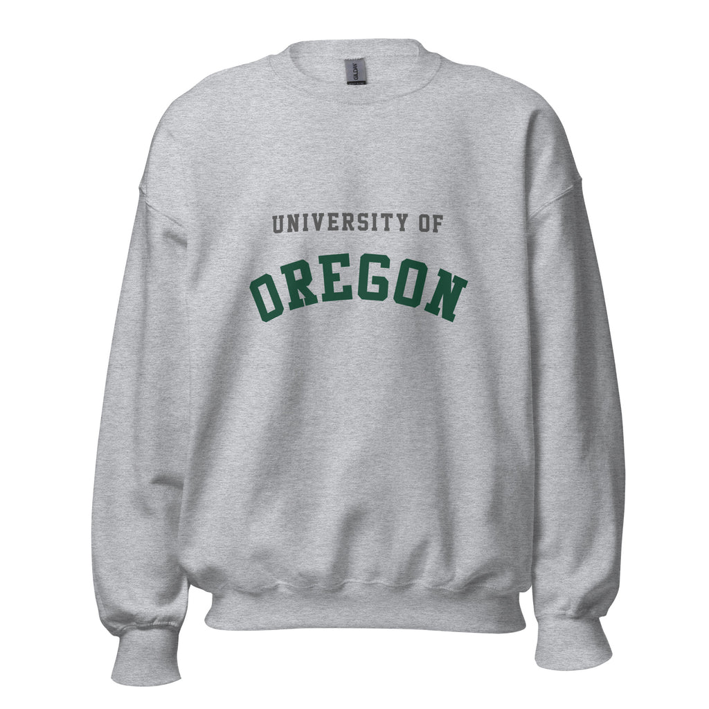 Unisex sweatshirt featuring University of Oregon name and branding in green and yellow