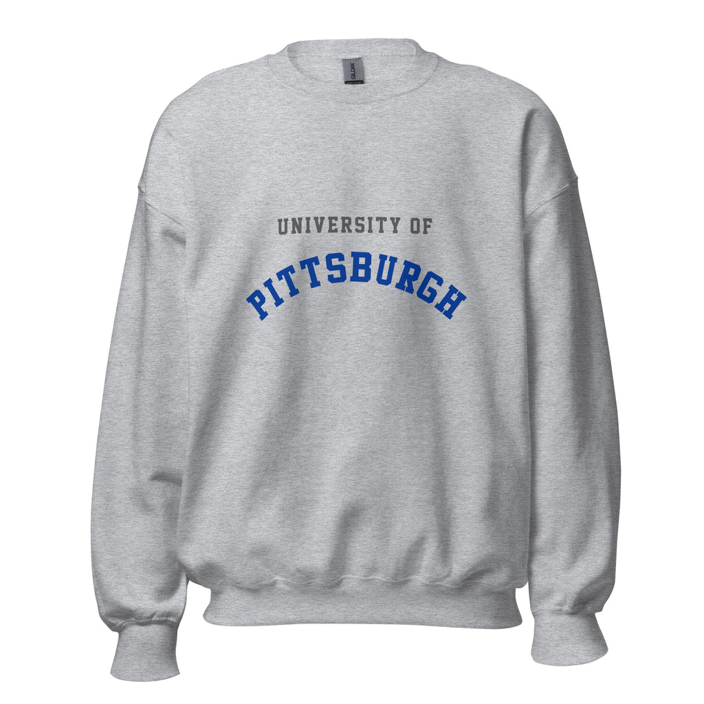 Unisex sweatshirt featuring University of Pittsburgh name and branding in royal blue and gold