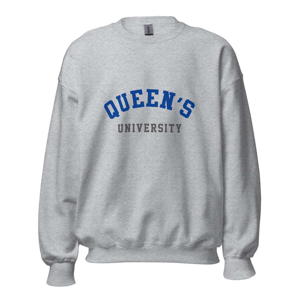 Unisex sweatshirt featuring Queen's University name and branding in blue and red