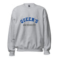 Unisex sweatshirt featuring Queen's University name and branding in blue and red