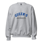 Unisex sweatshirt featuring Queen's University name and branding in blue and red
