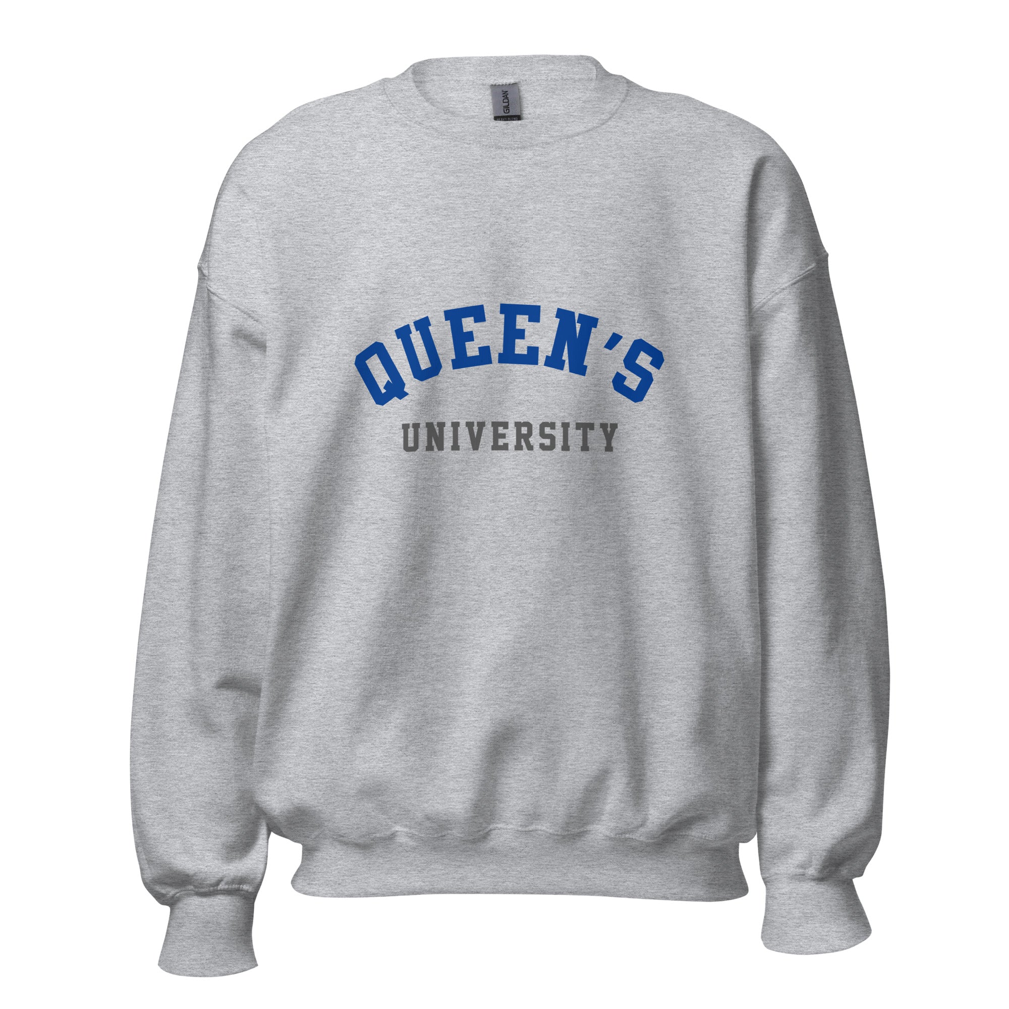 Unisex sweatshirt featuring Queen's University name and branding in blue and red