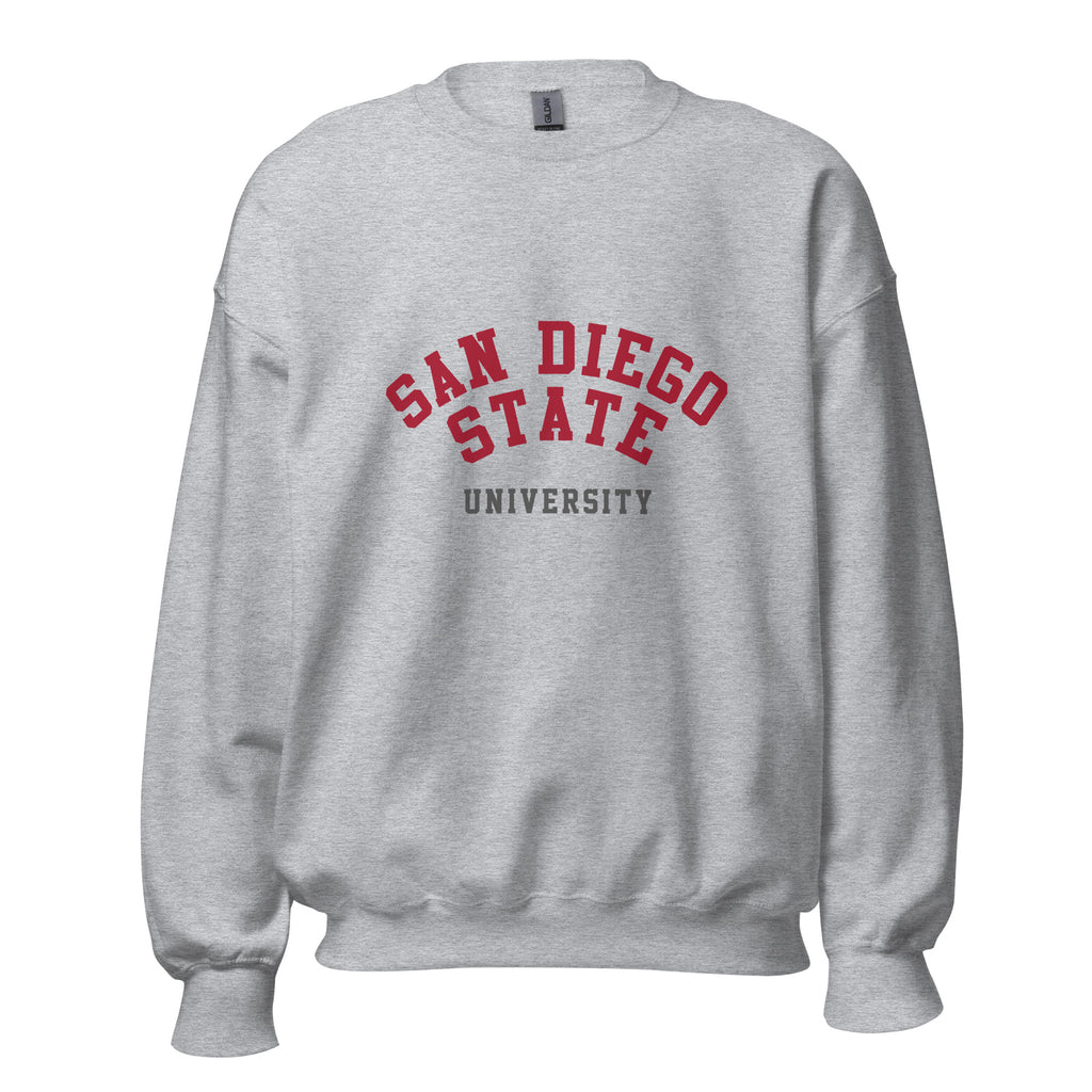 Unisex sweatshirt featuring San Diego State University name and branding in scarlet and black