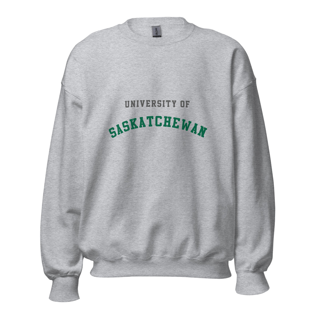 Unisex sweatshirt featuring University of Saskatchewan name and branding in green and gold