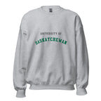 Unisex sweatshirt featuring University of Saskatchewan name and branding in green and gold