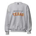Unisex sweatshirt featuring University of Texas name and branding in burnt orange and white