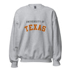 Unisex sweatshirt featuring University of Texas name and branding in burnt orange and white