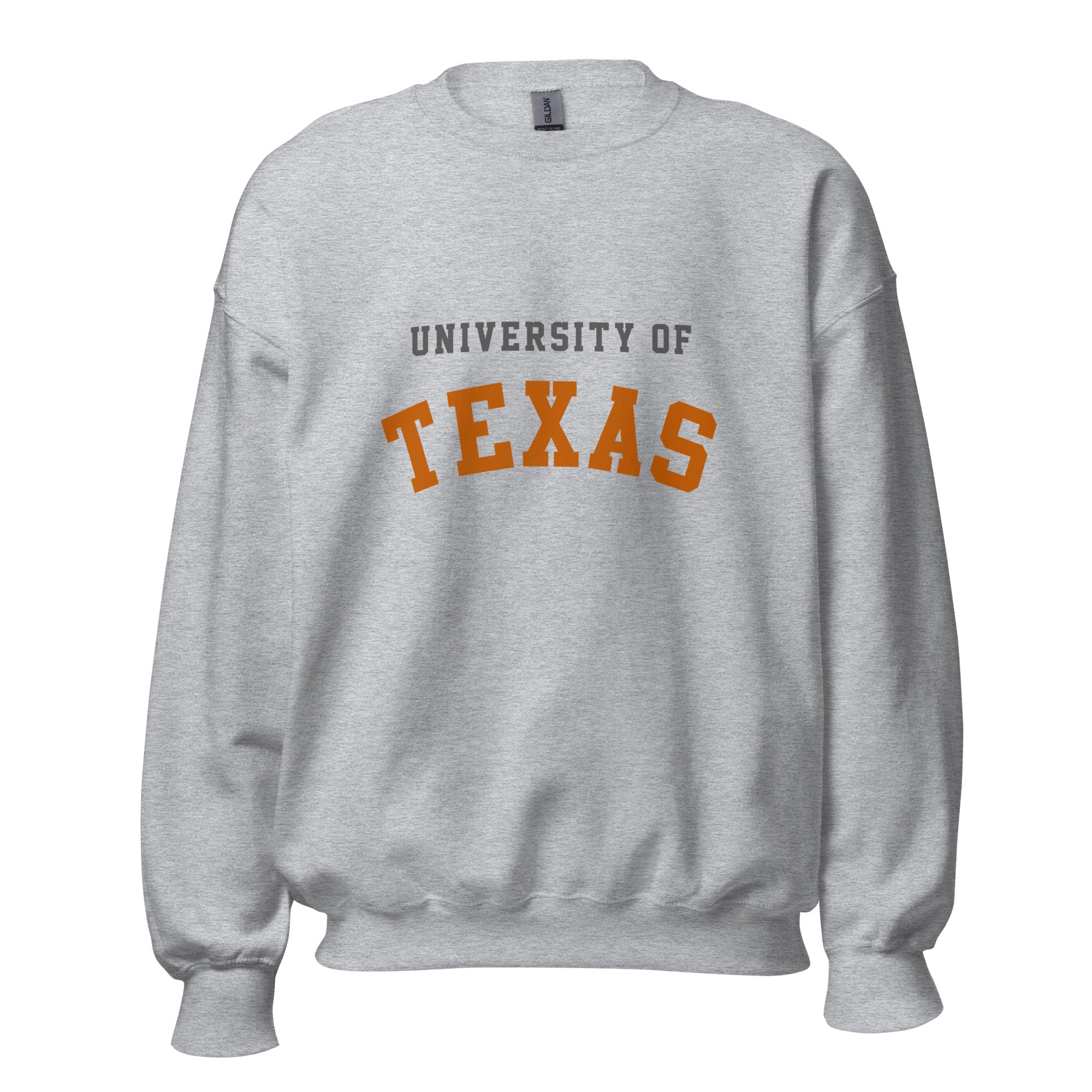Unisex sweatshirt featuring University of Texas name and branding in burnt orange and white