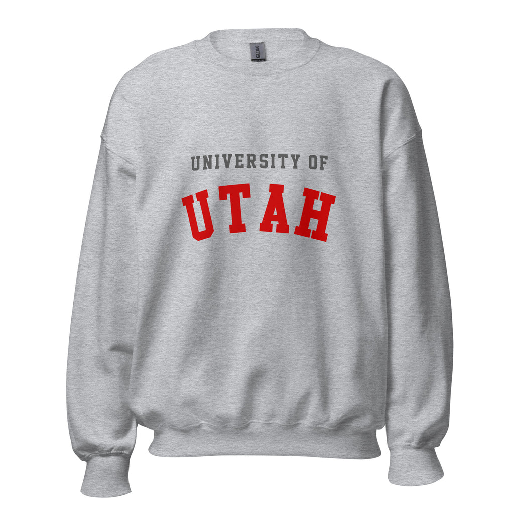 Unisex sweatshirt featuring University of Utah name and branding in crimson and white