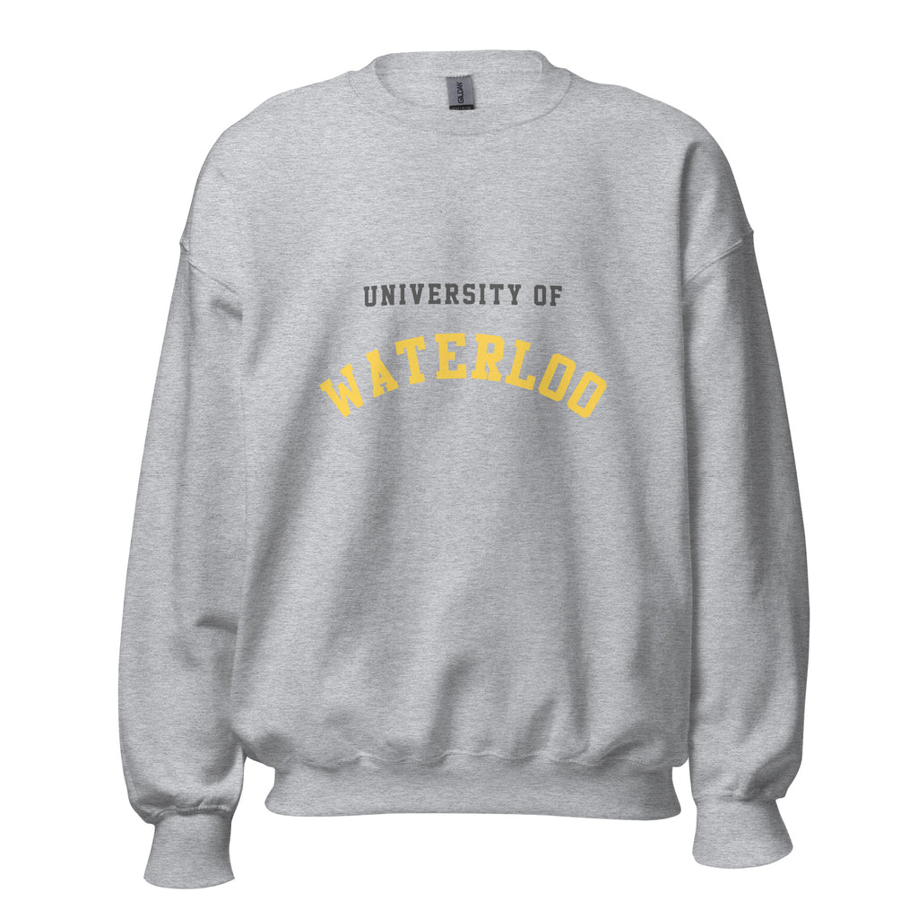 Unisex sweatshirt featuring University of Waterloo name and branding in black and gold