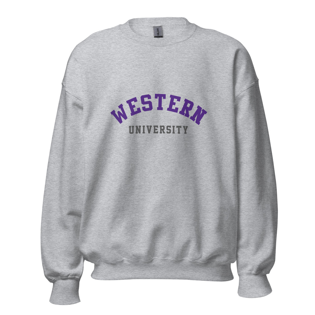 Unisex sweatshirt featuring Western University name and branding in purple and white