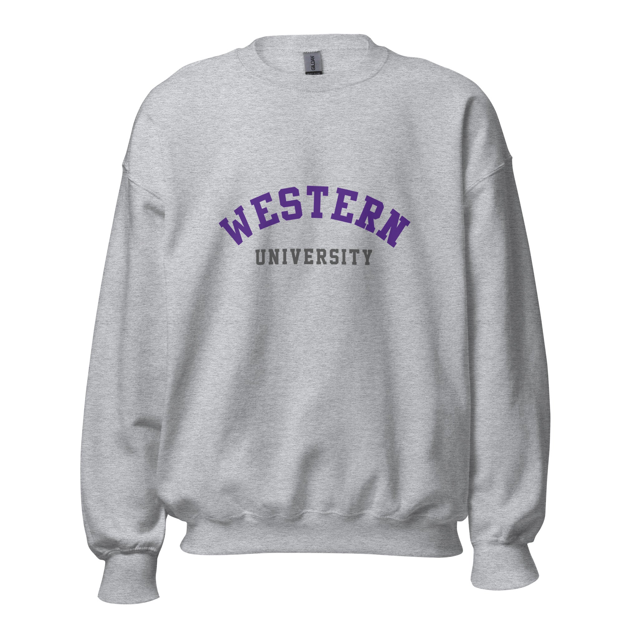 Unisex sweatshirt featuring Western University name and branding in purple and white