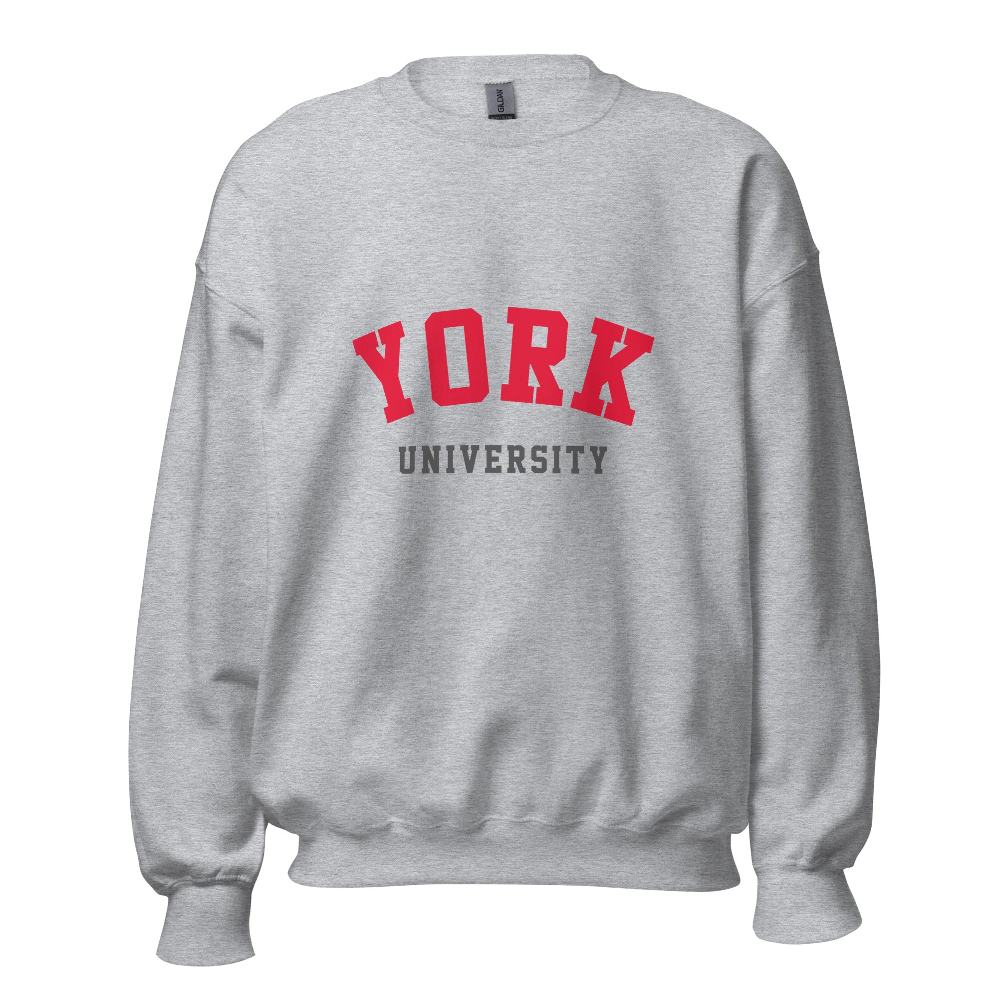 Unisex black sweatshirt featuring York University logo printed across the front chest