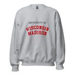 Unisex heather gray sweatshirt featuring University of Wisconsin-Madison logo printed across the front chest