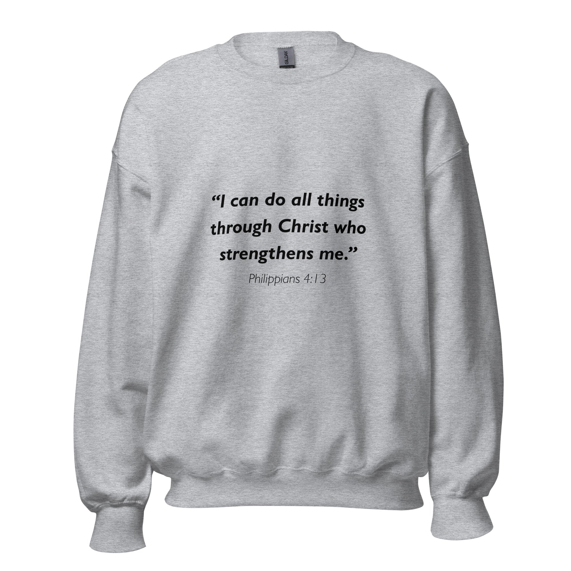 Unisex black sweatshirt with Philippians 4:13 Bible verse printed in black text on front