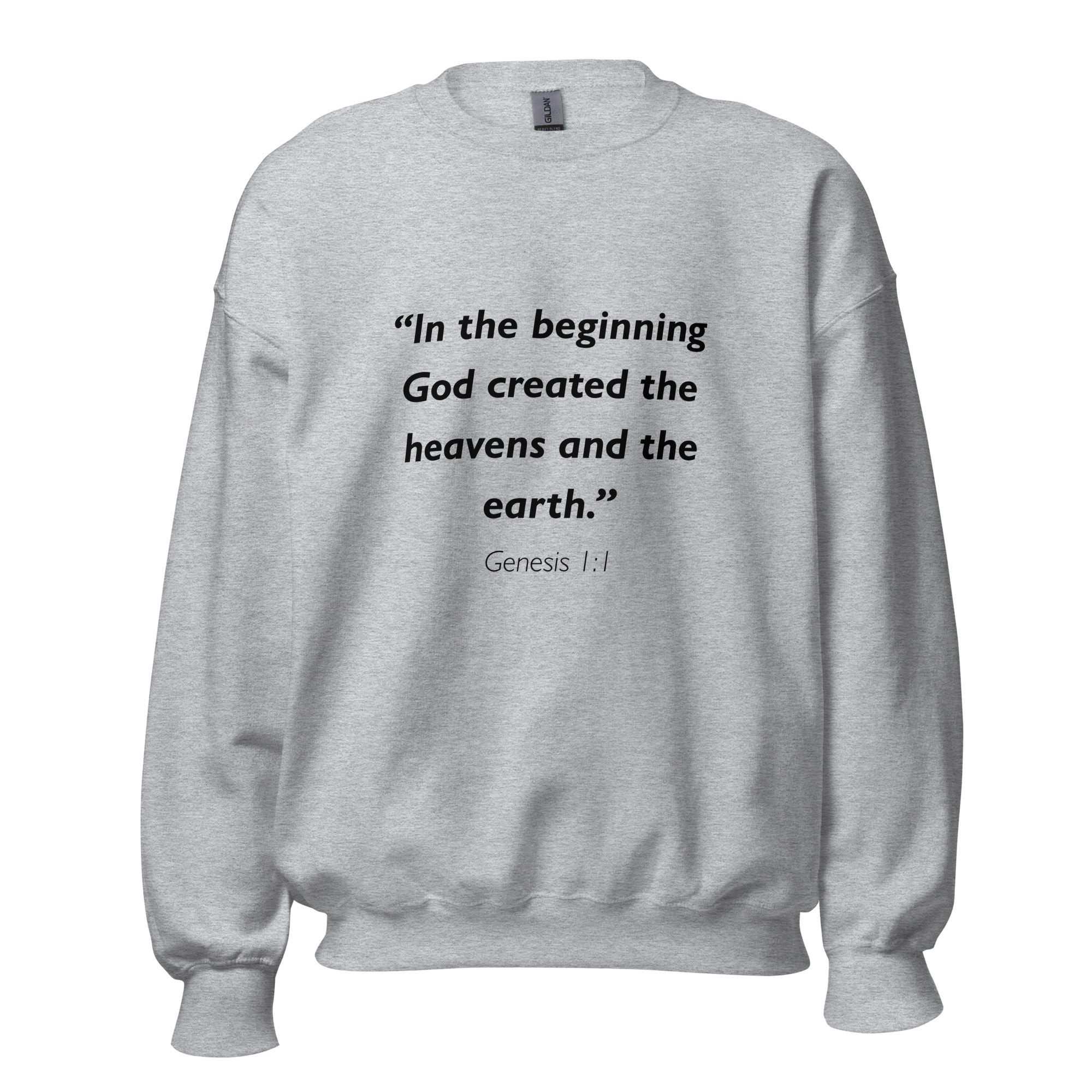 Unisex black sweatshirt with Genesis 1:1 Bible verse printed in black text on front