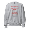 Unisex heather gray sweatshirt with Matthew 6:33 Bible verse printed in red text on front