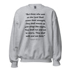Unisex heather gray sweatshirt with Isaiah 40:31 Bible verse printed in black text on front