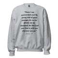 Unisex heather gray sweatshirt with Joshua 1:9 Bible verse printed in black text on front