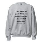 Unisex black sweatshirt with Colossians 3:14 Bible verse printed in black text on front