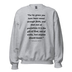 Unisex heather gray sweatshirt with Ephesians 2:8-9 Bible verse printed in black text on front