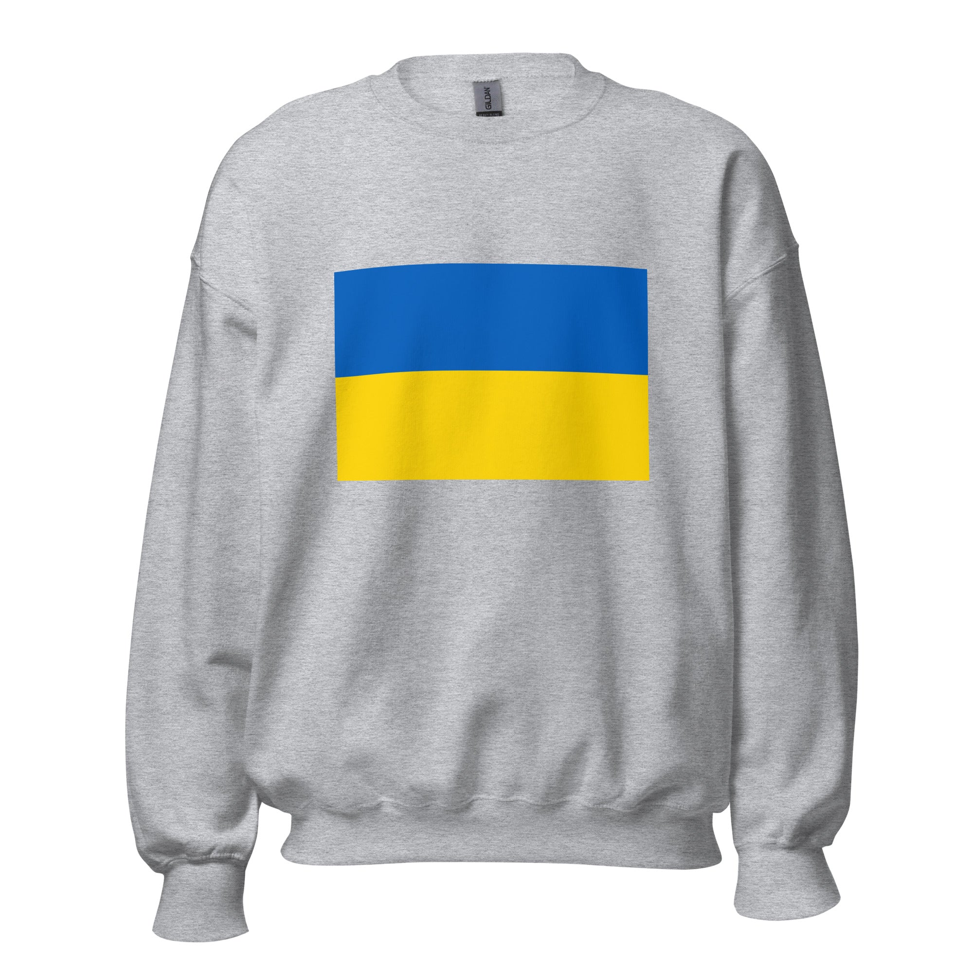Unisex black sweatshirt featuring Ukrainian flag design printed across the front chest