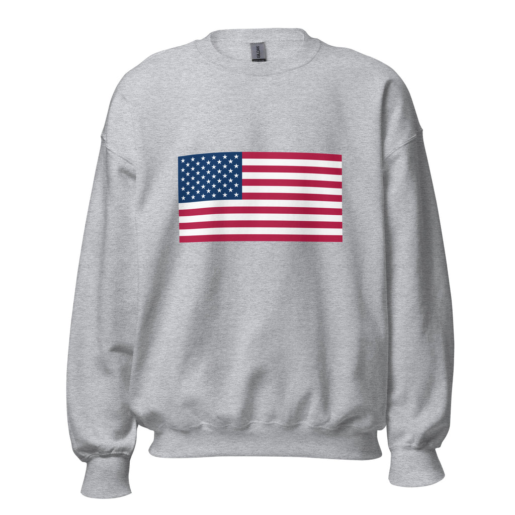 Unisex white sweatshirt featuring American flag design printed across the front chest