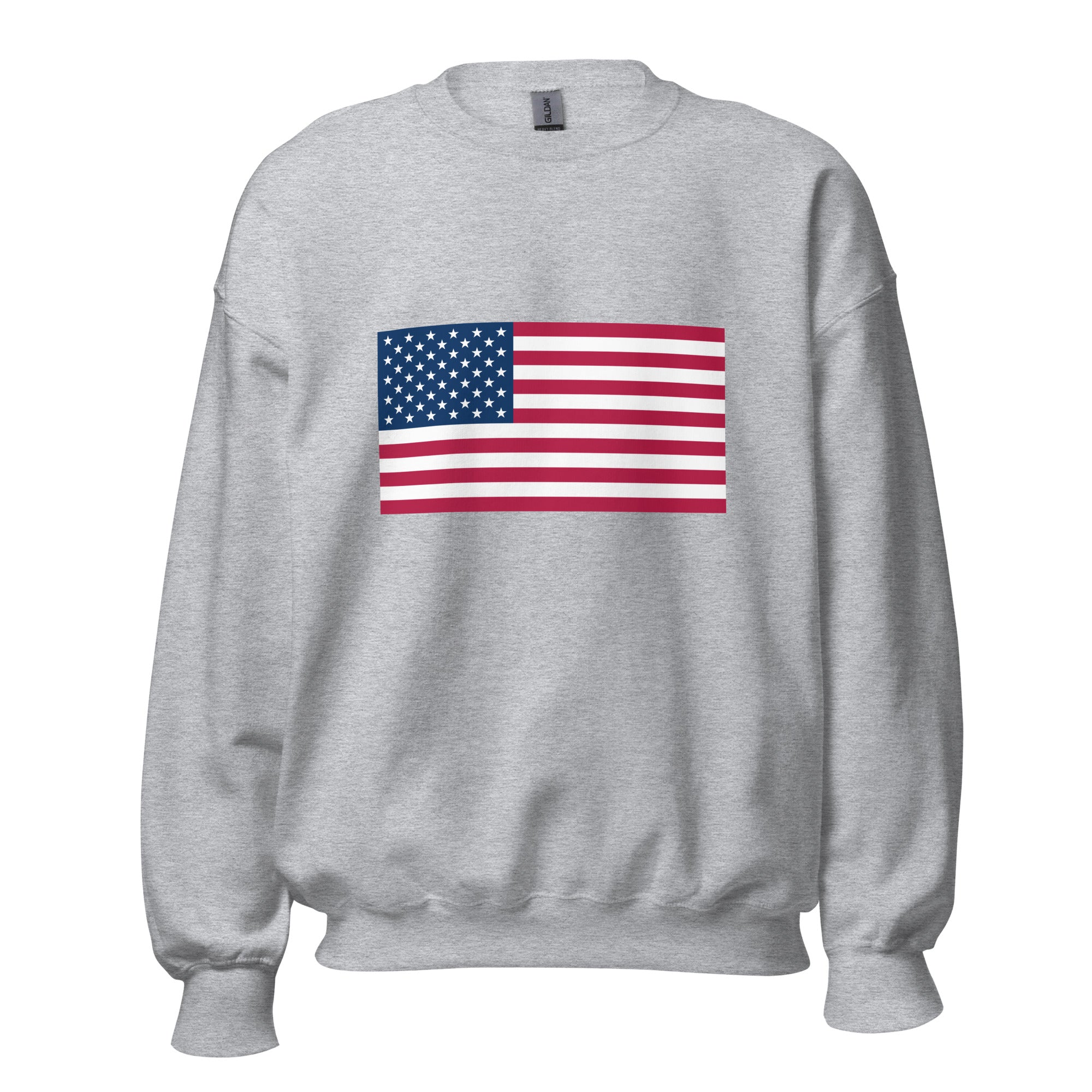 Unisex white sweatshirt featuring American flag design printed across the front chest