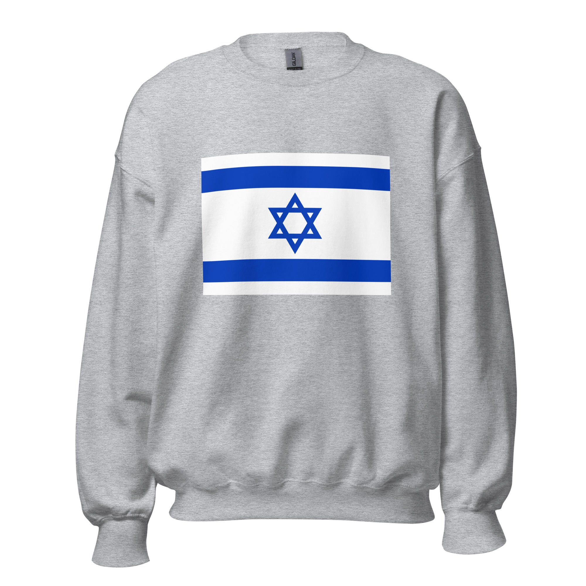 Unisex black sweatshirt featuring Israeli flag design printed across the front chest