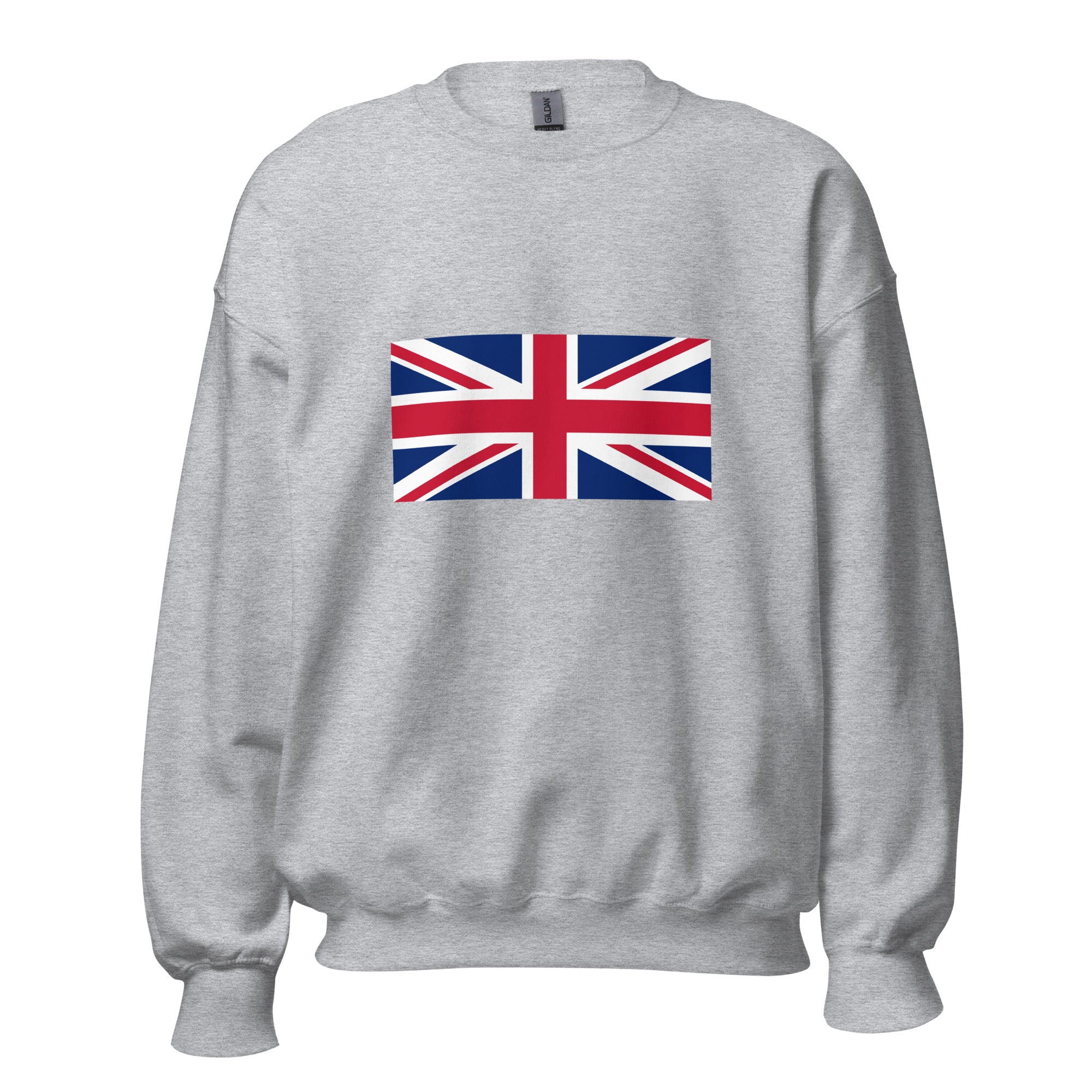 Unisex black sweatshirt featuring British flag design printed across the front chest