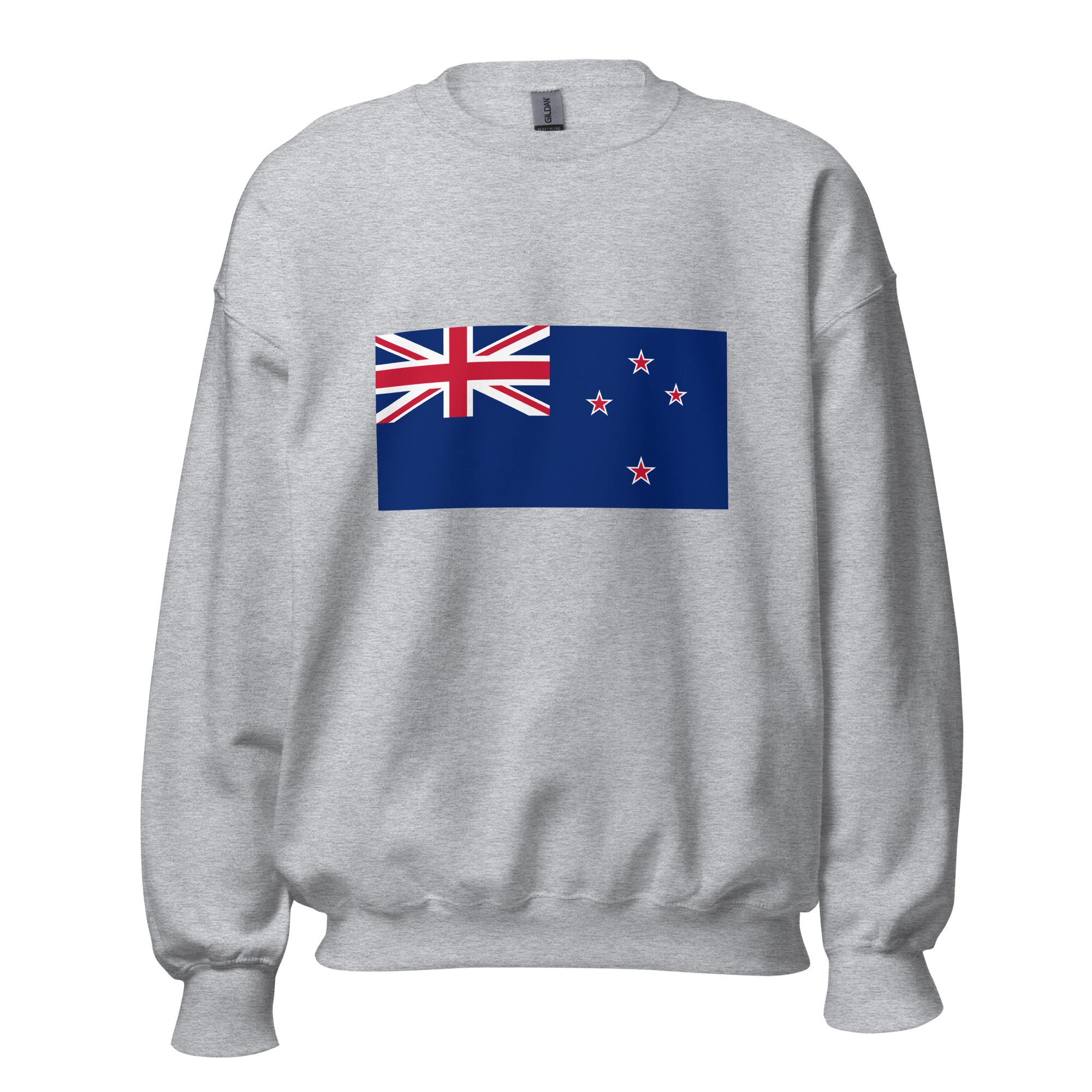 Unisex black sweatshirt featuring New Zealand flag design printed across the front chest