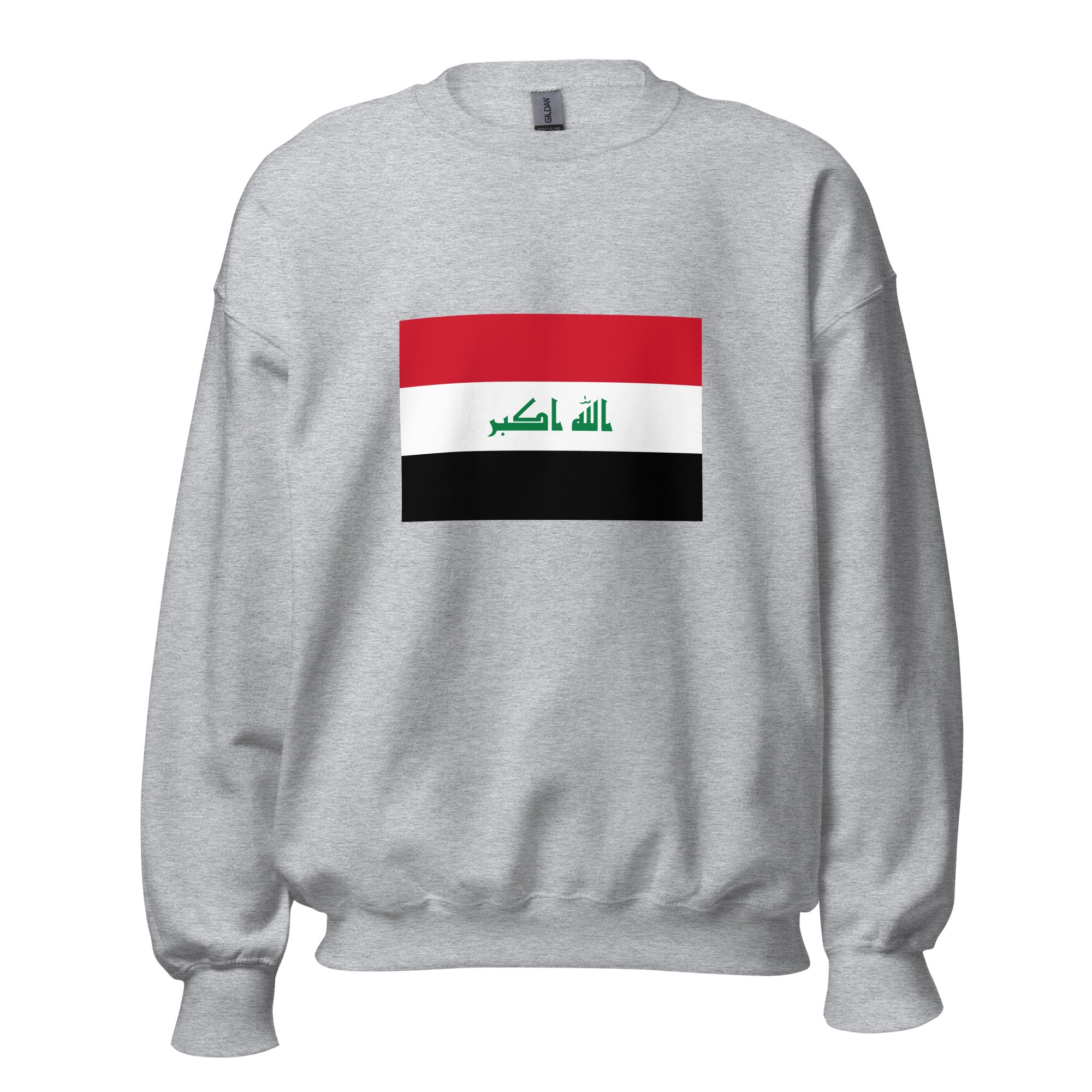 Unisex black sweatshirt featuring Iraqi flag design printed across the front chest