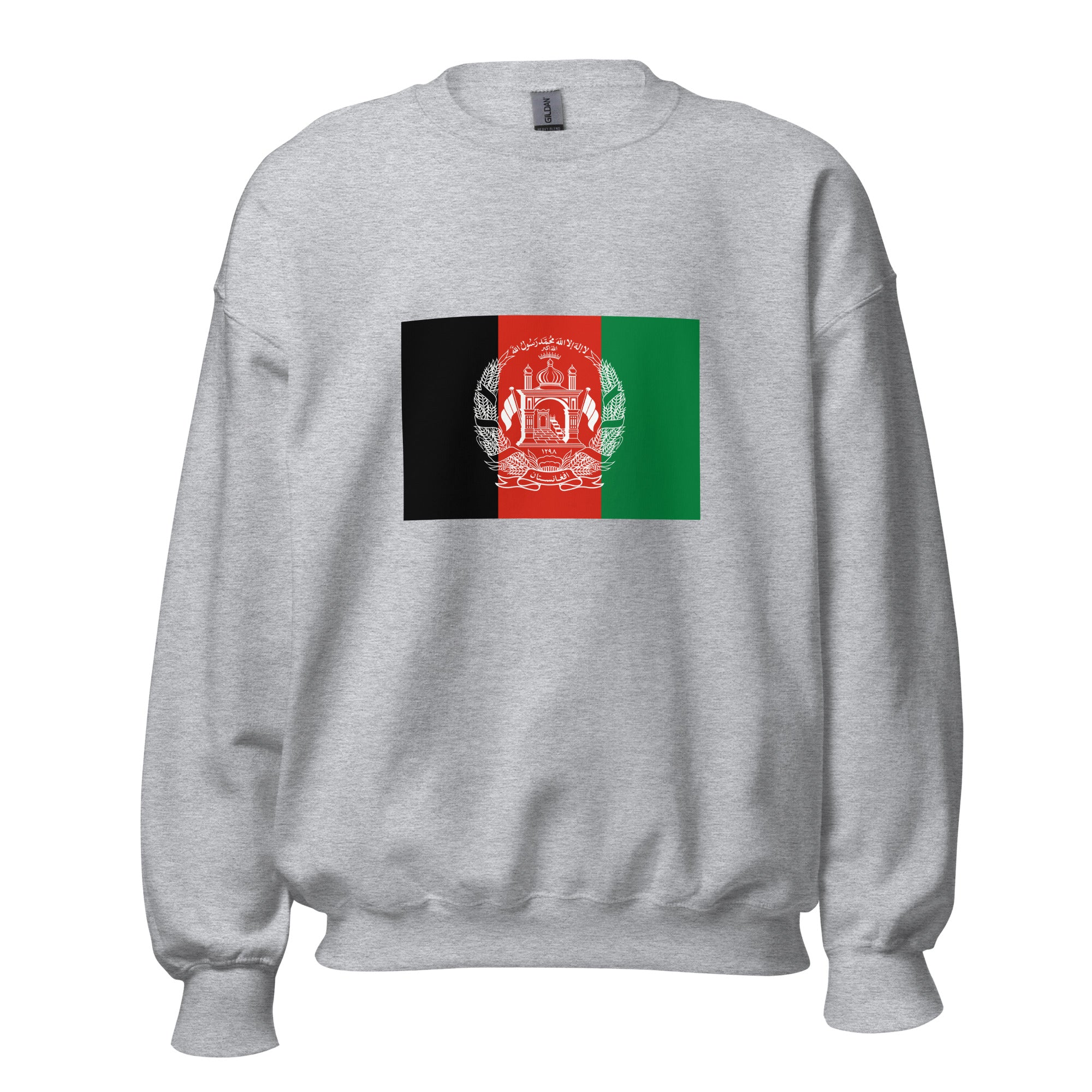 Unisex black sweatshirt featuring Afghan flag design printed across the front chest