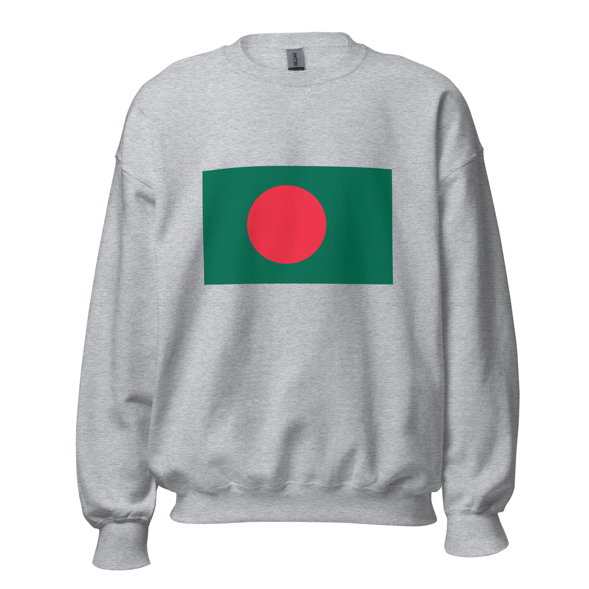 Unisex white sweatshirt featuring Bangladeshi flag design printed across the front chest