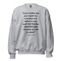 Unisex heather gray sweatshirt with Romans 10:9 Bible verse printed in black text on front