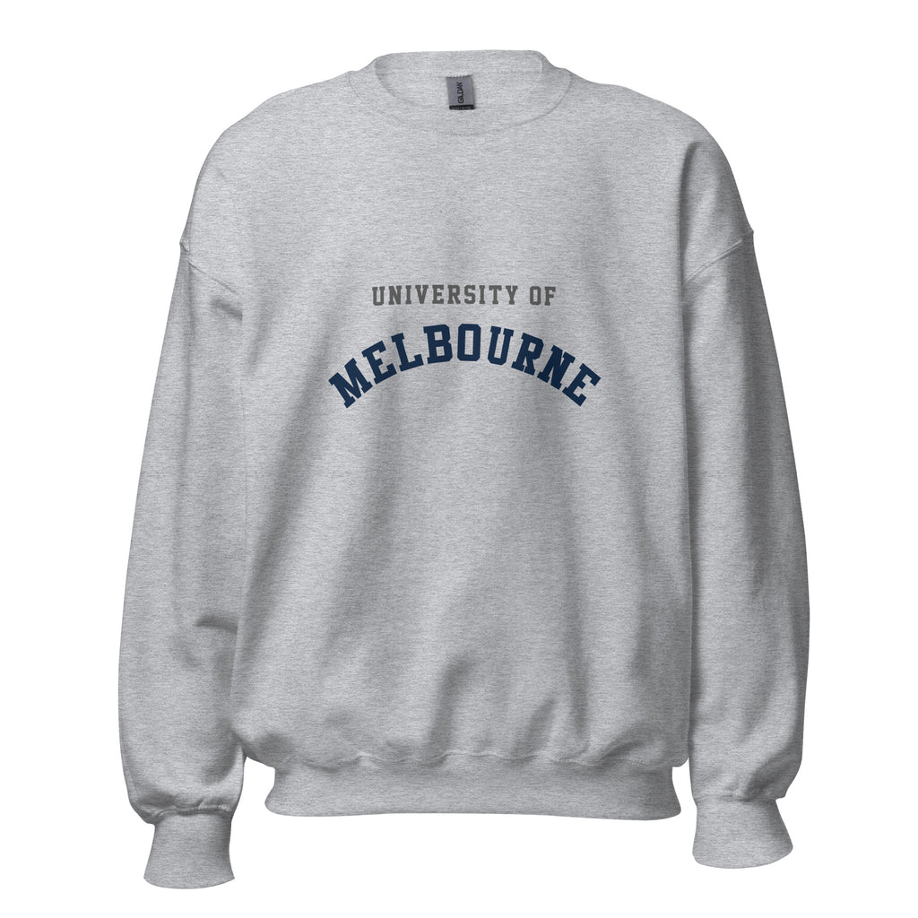 Unisex black sweatshirt featuring University of Melbourne logo printed across the front chest