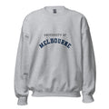 Unisex black sweatshirt featuring University of Melbourne logo printed across the front chest