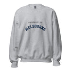 Unisex black sweatshirt featuring University of Melbourne logo printed across the front chest
