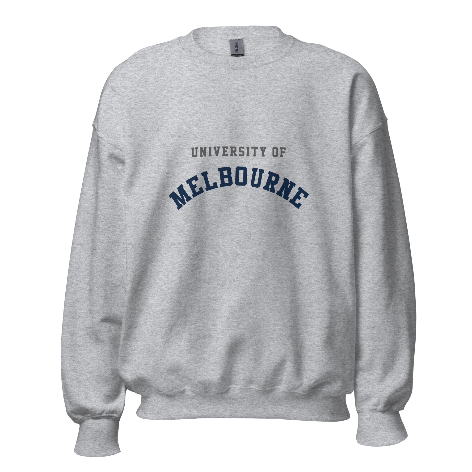 Unisex black sweatshirt featuring University of Melbourne logo printed across the front chest