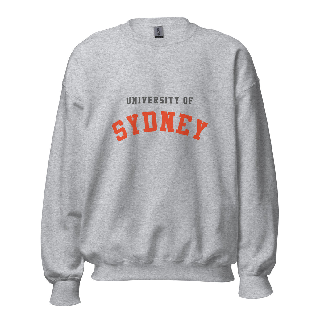 Unisex heather gray sweatshirt featuring University of Sydney logo printed across the front chest